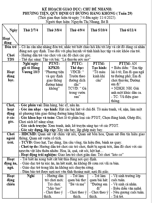 Kế hoạch tuần 29, Bé B