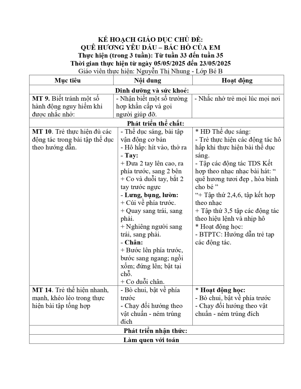 KẾ HOẠCH GIÁO DỤC CHỦ ĐỀ QUÊ HƯƠNG   BÉ B page 0001