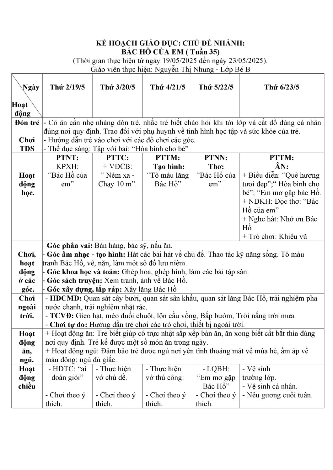 Kế hoạch tuần 35 thực hiện từ ngày 19/5- 23/5/2025, Bé B